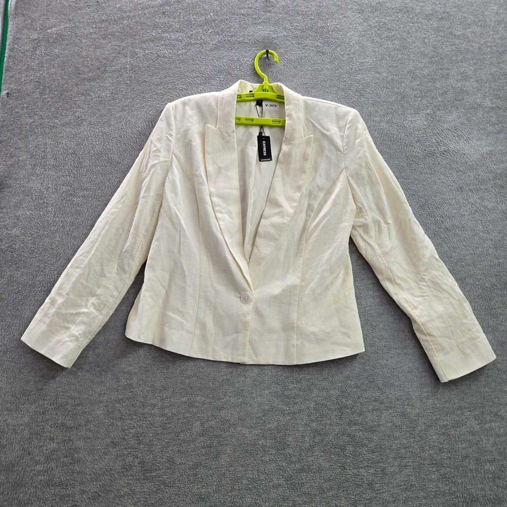Express Women Jacket Large Cream Linen Blend Blazer One Button READ